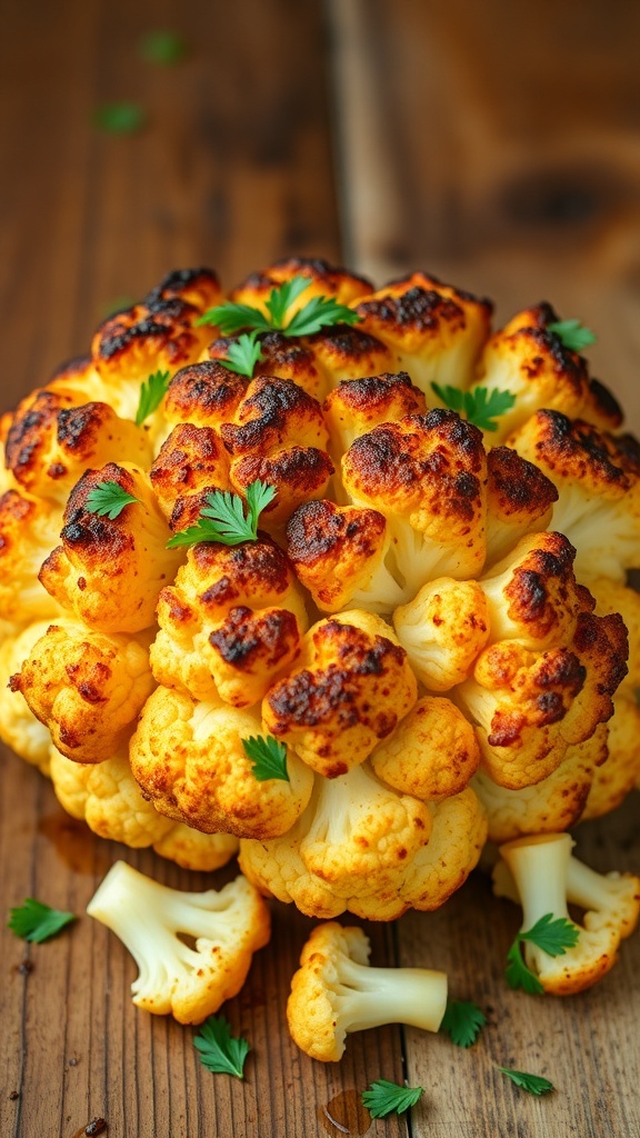 Roasted cauliflower florets, golden brown and garnished with parsley, on a wooden table.